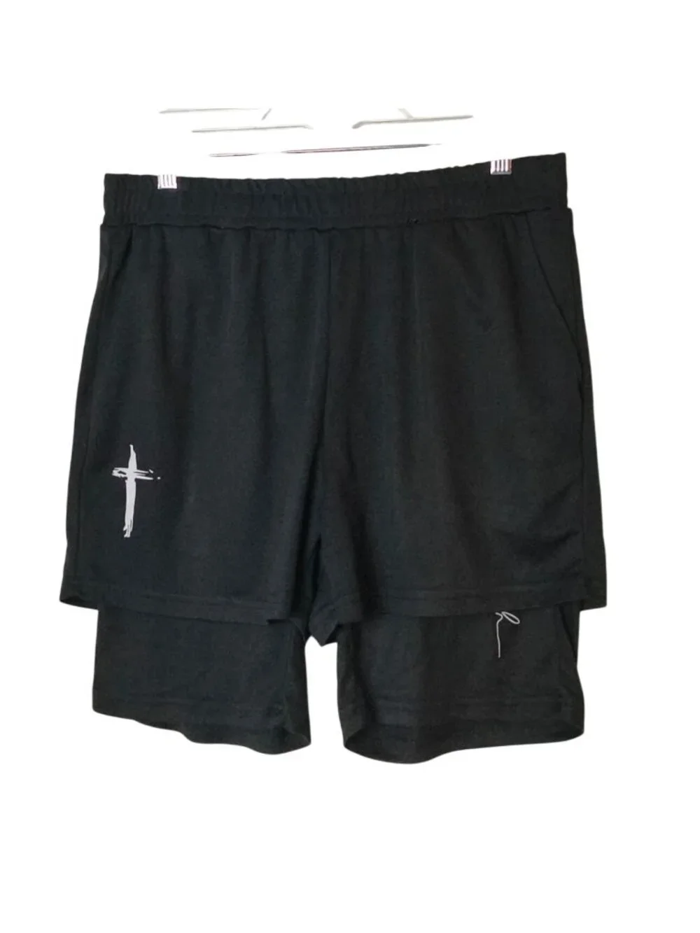 Faith Womens L 2N1 Athletic Shorts Black Pockets Elastic Cross Graphic NOTW